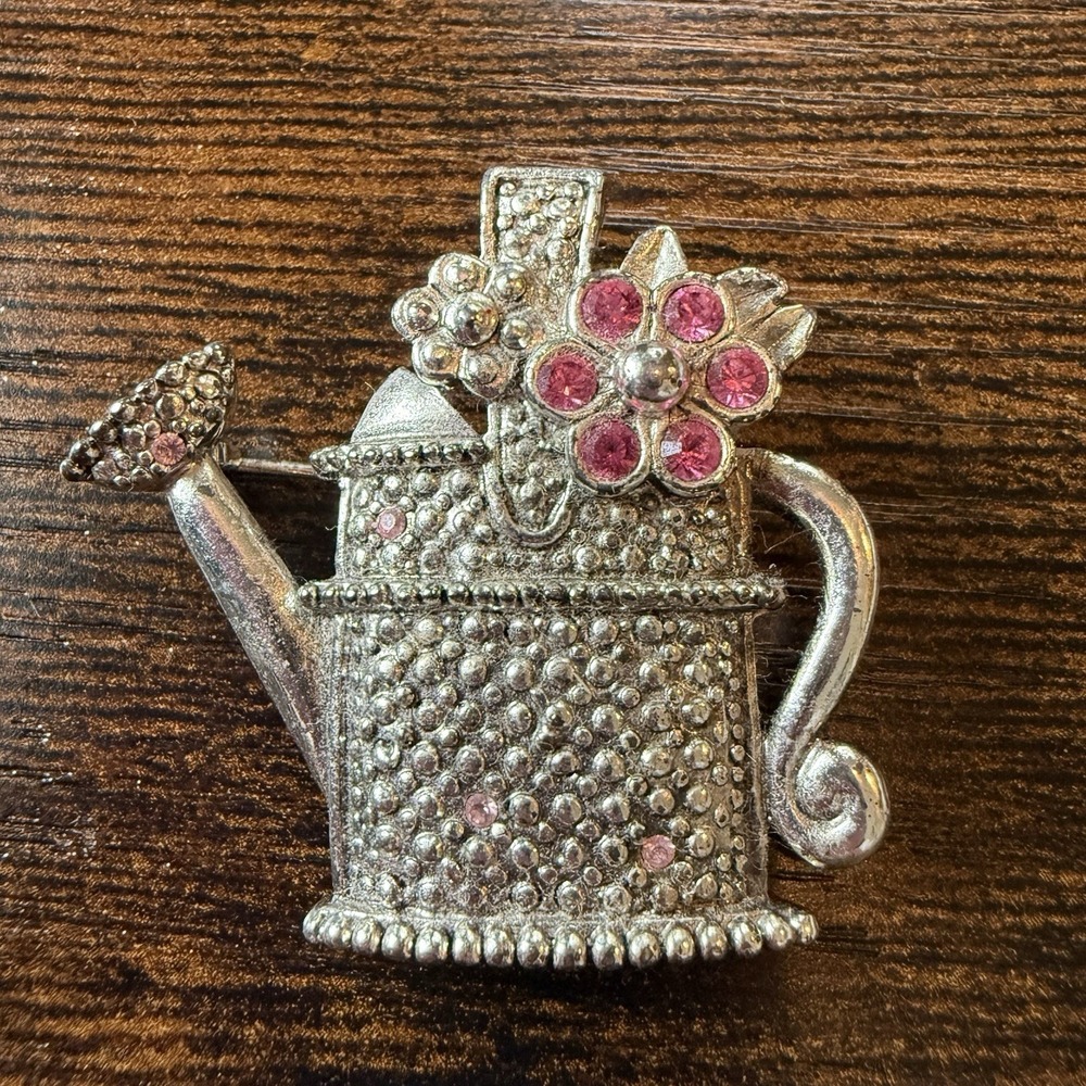 Vintage Watering Can Brooch Pin Pink Rhinestones Silver Tone Flowers Gardening